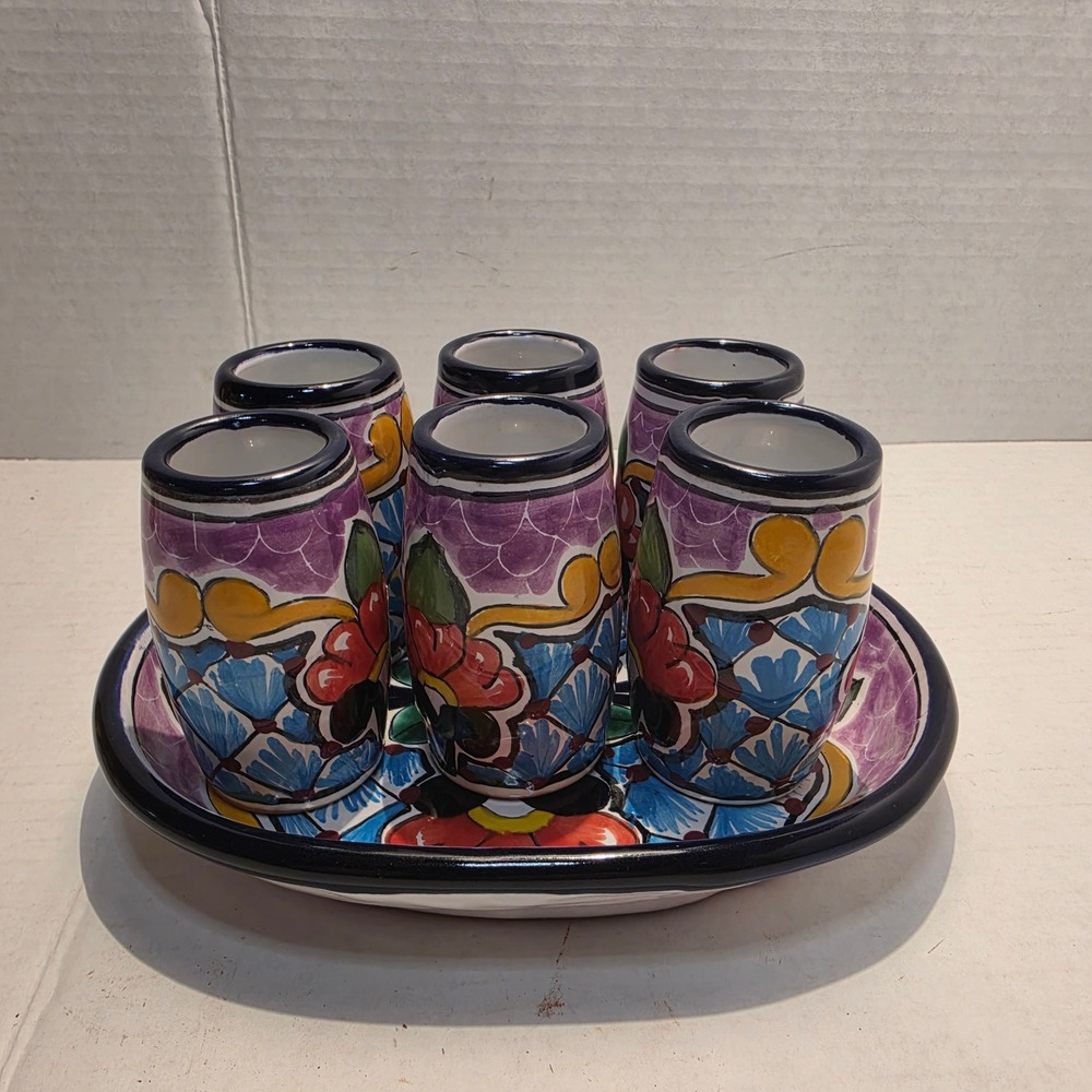 Juquila Mexican Talavera Pottery Shot Glass Set 6 Pieces with Oval Tray Floral